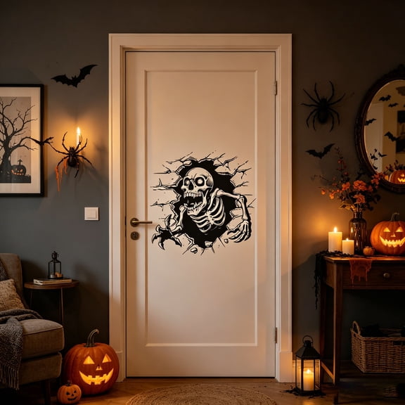 Cracked Breakthrough Skeleton Halloween PVC Wall Window Sticker, Removable No Residue Spooky Skull Decor Decal