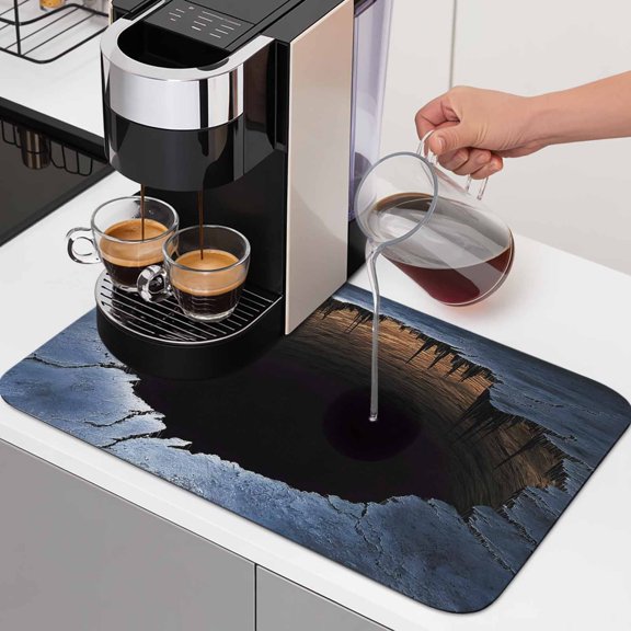 Cracked Earth Dish Drying Mats for Kitchen Counter, Abyss Hole Dramatic Rock Texture Sunset Horizon Absorbent Coffee Bar Mat with Non-slip Rubber Backed Quick Drying Dish Rack Pad 12"x16"
