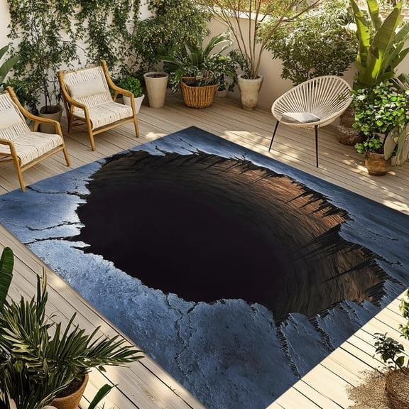 Cracked Earth Outdoor Rug 3x5 ft Abyss Hole Dramatic Rock Texture Sunset Horizon Non Slip Patio Rug Washable Absorbent Large Outdoor Carpet Outside Mat for Porch RV Garden Camping
