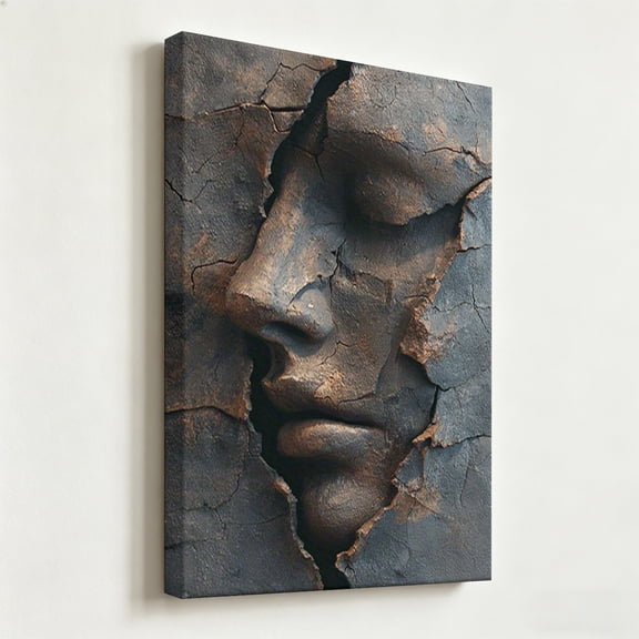 "Cracked Earth Stone Face Profile" Surrealistic Abstract Canvas Art, Textured Ancient Sculpture Portrait Print, Matte Finish Gallery Wrapped Philosophical Wall Decor 24*36