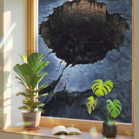 Cracked Earth Window Privacy Film, Abyss Hole Dramatic Rock Texture Sunset Horizon Stained Glass Rainbow Film Decorative Window Clings, Static Cling Sun Blocking Stickers 29.5" x 118"
