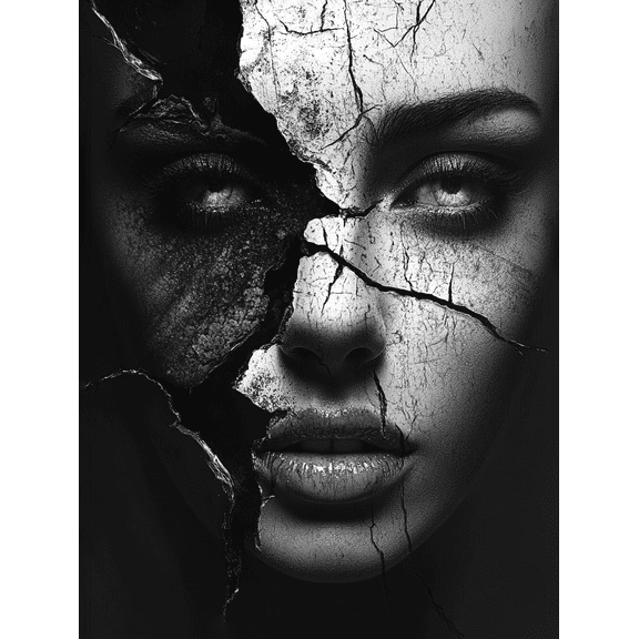 Cracked Face Portrait Decorative Painting/Canvas Art Suitable for Living Room Bedroom Office Study Gallery Hallway Hotel Studio Apartment Black and White Abstract Portrait Art.