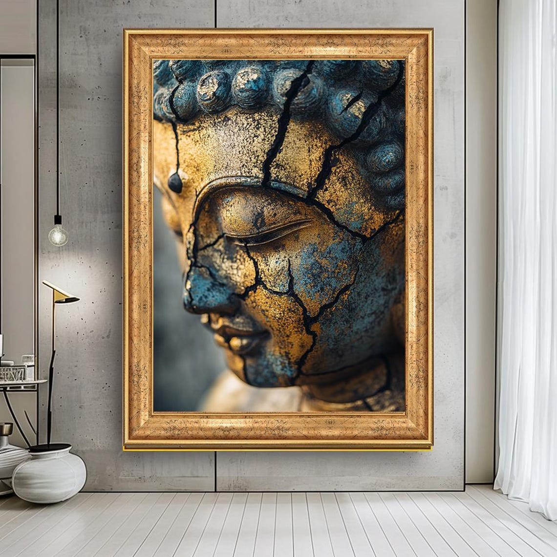 Cracked Gold Buddha Face Canvas Art | Rustic Zen Wall Decor | Tranquil ...