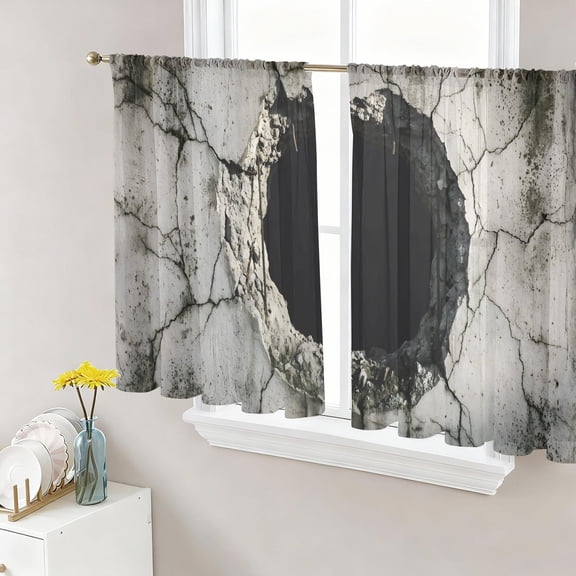 Cracked Wall Sheer Curtains 45 Inch Length 2 Panels Set, Dark Hole Concrete Urban Industrial 3D Voile Window Treatment Rod Pocket Small Kitchen Curtains Drapes for Bedroom 52"x45"x2