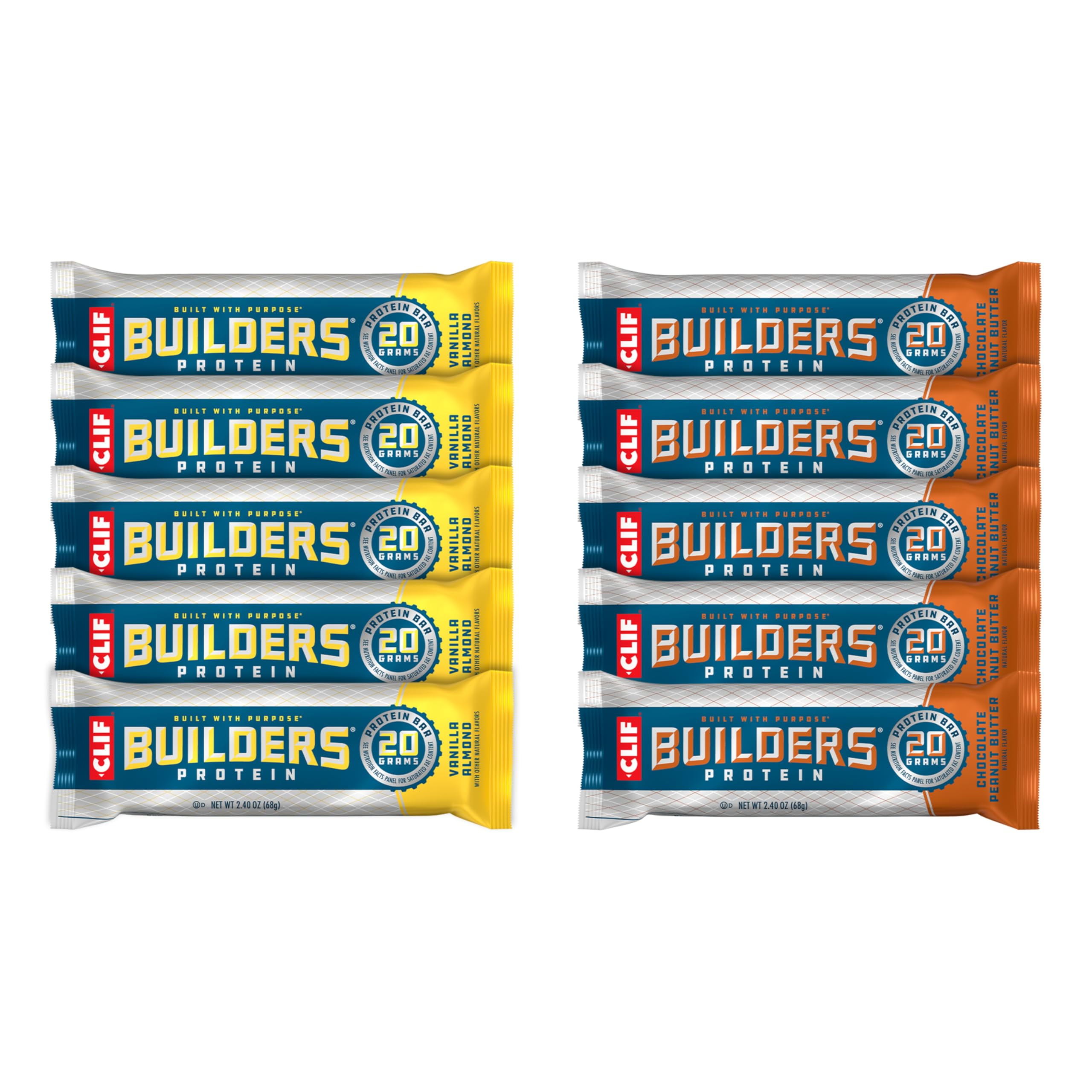 CLIF BUILDERS Protein Bars - Chocolate AIS1Peanut Butter and Variety Pack - 20g Plant Based Protein - Gluten Free - Non-GMO - Low Glycemic - No Artificial Sweeteners - 2.4 oz. (10 Count)