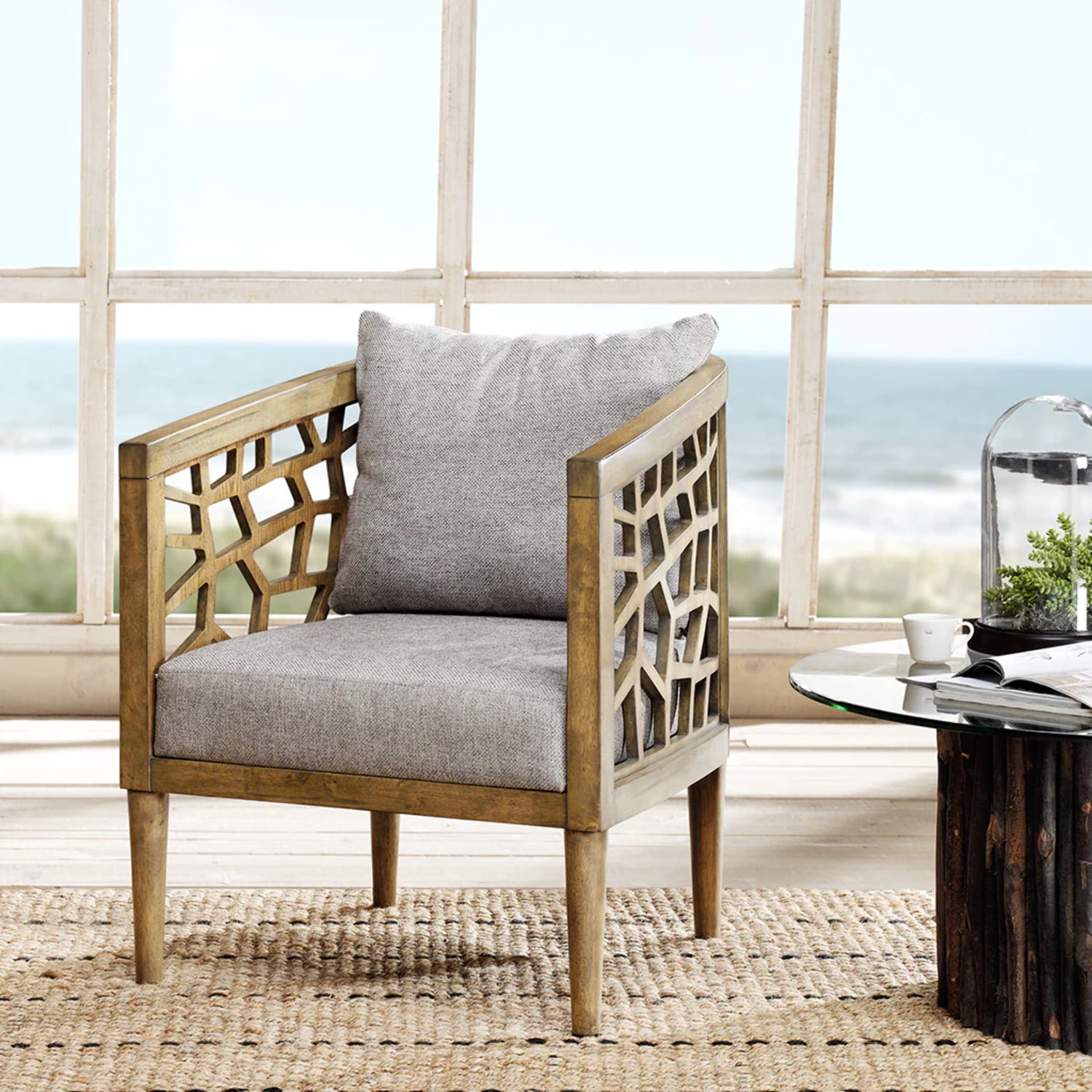 Crackle 27" Light Grey Solid Wood Barrel Accent Chair
