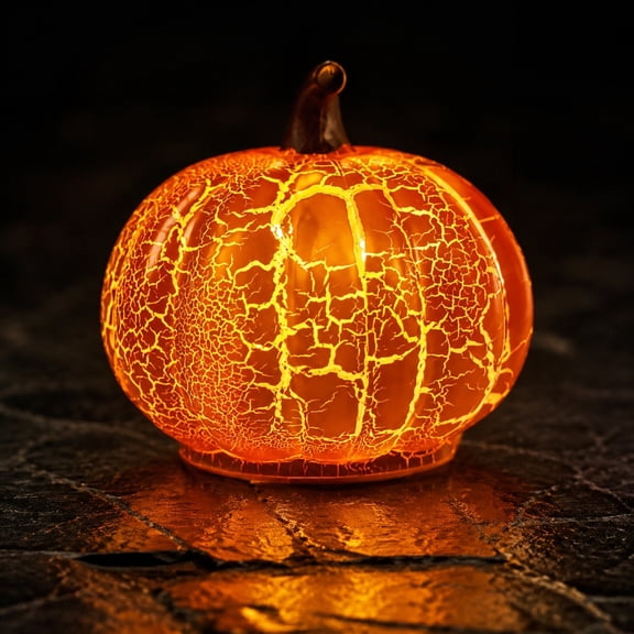 Crackle Glass LED Pumpkin Light, 2 Shapes Battery Operated Warm Glow Halloween Thanksgiving Tabletop Decor Lamp