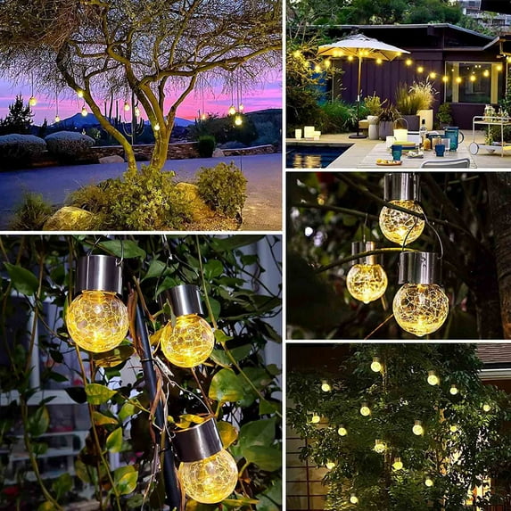 Crackle Glass Solar Hanging Lights Outdoor Waterproof, Multicolor & Warm White LED Solar Powered Garden Decor for Patio Yard Pathway