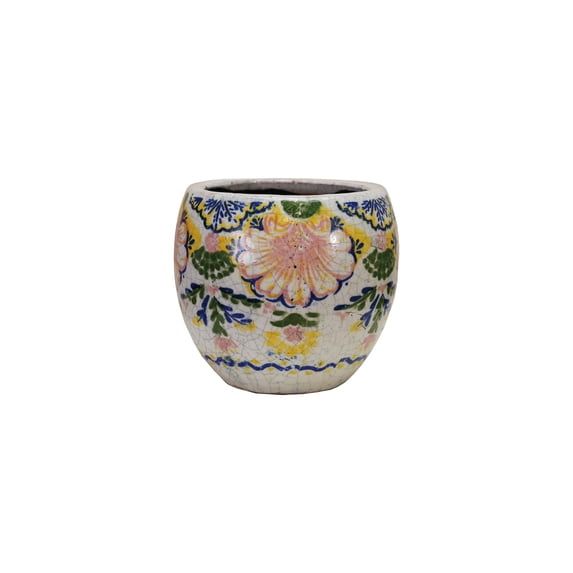Creative Co-Op Terra-cotta Planter with Floral Pattern, Crackle Glaze, Multicolor