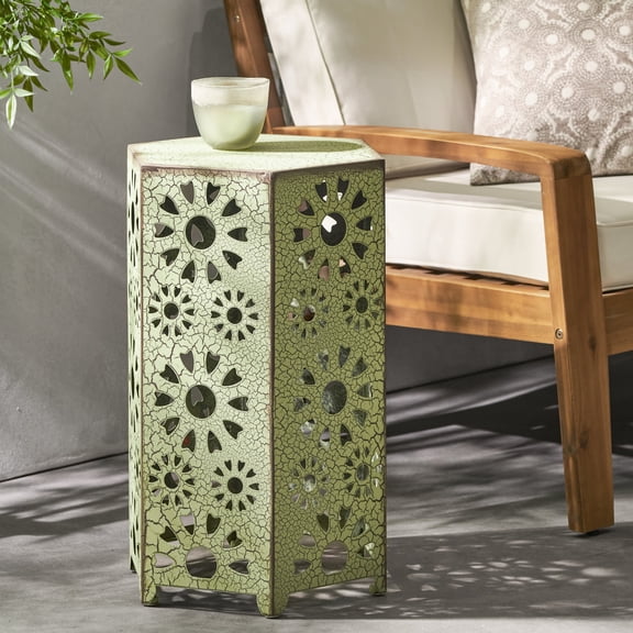 Crackle Green Patio Side Table / Mobile Snack and Drink Holder