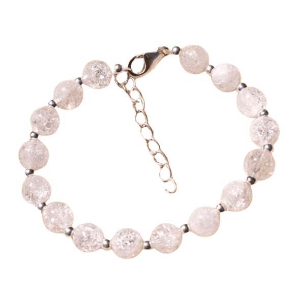 Crackle Quartz 8mm Round Shape Smooth Cut Beads 7 inch Adjustable Silver Plated Clasp Bracelet for men, women, unisex. Link Chain Stacking Bracelet.|LINK_02282
