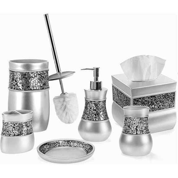 Crackled Glass Silver 6 Piece Bathroom Accessories Set