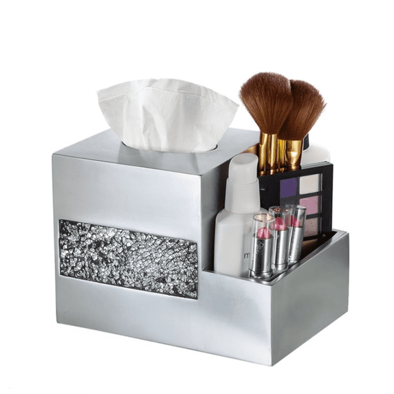 Crackled Glass Silver Tissue Box Cover Square And Nightstand Organizer For Men & Women - Multi-function Mosaic Glass Tissue Box Holder With Makeup, Phone, Remote Control Holder Organizer For Table
