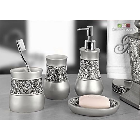 Crackled Glass Silver Toothbrush Holder And Toothpaste Holder For Bathroom - Elegant Crackled Glass Bathroom Toothbrush Organizer - Decorative 2 Slot Family Toothbrush Cup Holds Multiple Toothbrushes