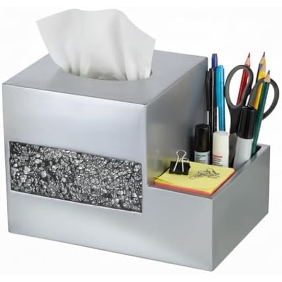 Crackled Glass Tissue Box Cover Square Silver Decorative Multi-Function Storage Organizer Caddy; Tissue Box Holder & Countertop Nightstand Bedside Table Organizer Makeup, Phone, Remote Control Holder