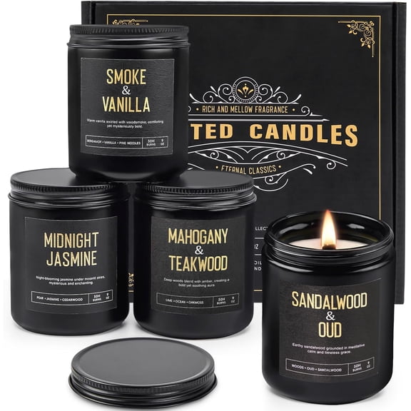 Crackling Wood Wick Candles for Men: 4 Pack 36oz Soy Scented Candles for Home Scented, Up to 200H Burning, Masculine Mens Candle Set, Aromatherapy Candle Gift Set for Fathers Birthday Valentine's Day