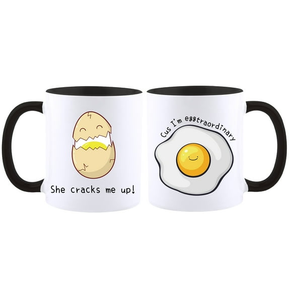 She Cracks Me Up! Cus I’m Eggtraordinary Coffee Mugs,Black Coffee Cup Couples Sets - Funny His & Her Gifts - Husband and Wife Anniversary Presents - Wedding or Engagement Gift