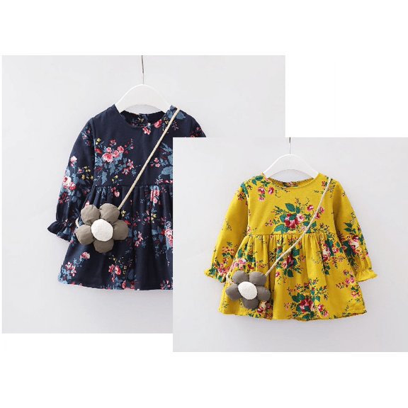 CradlePlanet 2 Pack -Baby Toddler Girls Semi-Thermal Spring Winter Knee Length , yellow, BlackDress