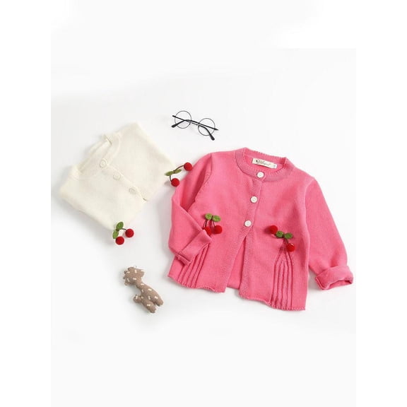 CradlePlanet Baby Toddler Girl Fall Winter Cardigan Sweater With Red cherries on Pockets , Pink In Colour