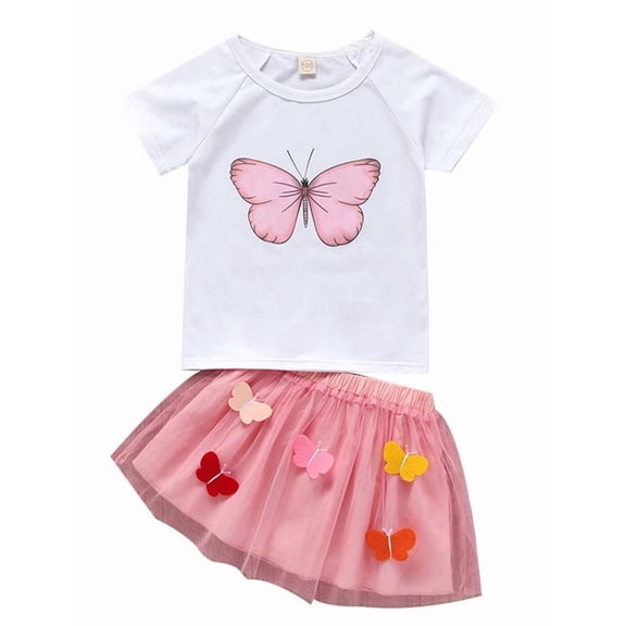 CradlePlanet Little Girl Butterfly T-Shirt Matching Mesh 3D Butterfly Skirt, White, Pink