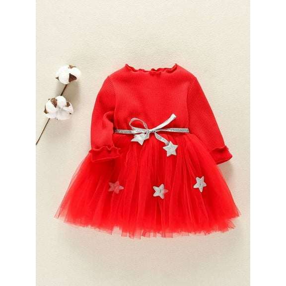 CradlePlanet Toddler Girls Party, Birthday, Christmas Red Dress with Silver Star
