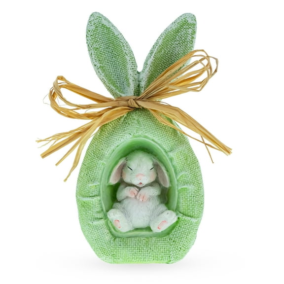 Rustic Bunny Nest Egg Decoration  Green Burlap Style Easter Ornament with Raffia Bow 6.2 Inches Tall