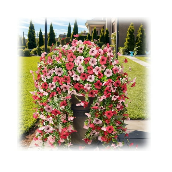 Craevo Outdoor Artificial Mums for Porch & Window Boxes, UV-Resistant - 30in Cascading Vines, 4 Bundles, 276 Blooms for Balcony & Railings(Fuchsia Rose & Blush Pink) C108