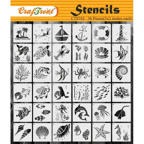 CrafTreat 36 Pieces Animal Stencils for Painting on Canvas (3x3), reusable Sealife Stencils for Crafts, Underwater Stencils for Kids, Sea Creature Stencils for Painting on Wood