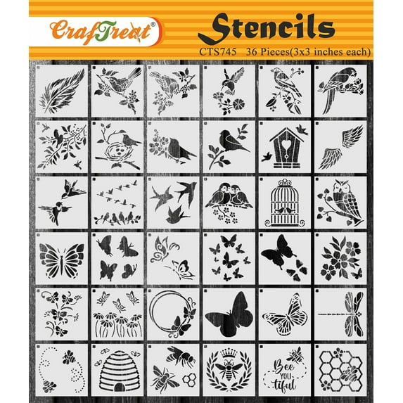CrafTreat 36 Pieces Butterfly Stencils for Painting (3x3), reusable Stencils for Crafts, Beautiful Design Stencils for Painting on Wood, Clothes, Wall, Furniture, Home D�cor