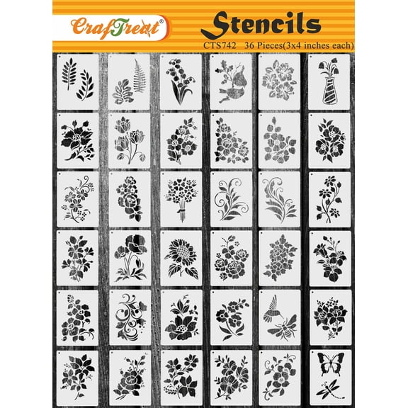 CrafTreat 36 Pieces Flower Stencils for Painting (3x4), DIY Stencils for Painting on Wood, reusable Floral Stencil, Elegant Flower Drawing Stencils, Paint Stencils for Wall