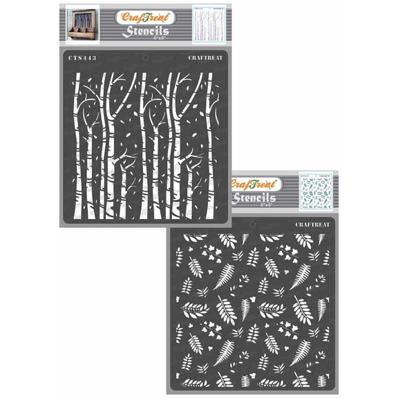 CrafTreat Autumn Trees and Falling Leaves Stencil for Painting - 2 Pcs - 6"x6" Each