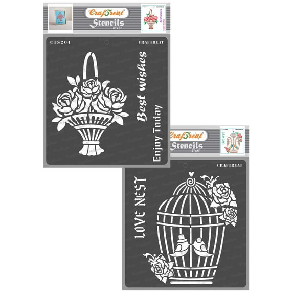 CrafTreat Best Wishes and Love Nest Stencil for Painting and Crafting - 2 Pcs - 6"x6" each