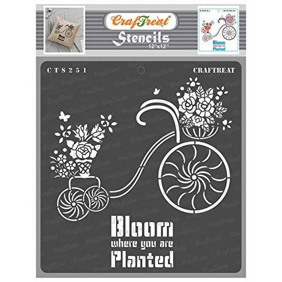 CrafTreat Bicycle Stencils for Painting on Wood, Wall, Tile, Canvas, Paper, Fabric and Floor - Blooming Plants - 12x12 Inches - Reusable DIY Art and Craft Stencils - Flower Stencils for Wall