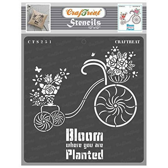 CrafTreat Bicycle Stencils for Painting on Wood, Wall, Tile, Canvas, Paper, Fabric and Floor - Blooming Plants - 12x12 Inches - Reusable DIY Art and Craft Stencils - Flower Stencils for Wall