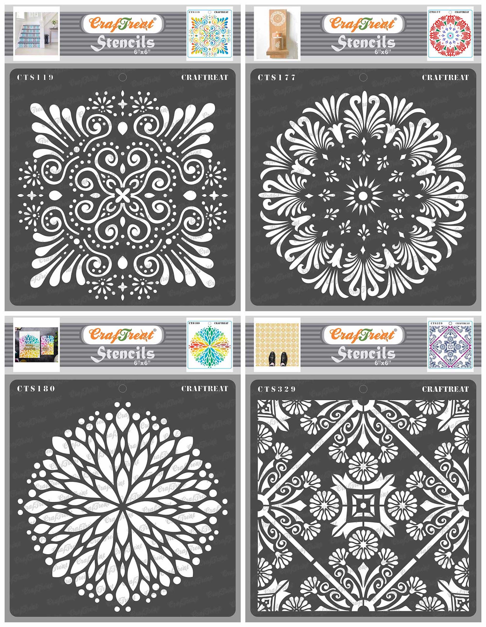 CrafTreat Floral Stencils for Crafts Reusable Vintage - Ornate Background,  Tuberose Doily, Flower Burst & Floral Tile (4pcs) - Size: 6X6 Inches -  Mandala Tile Stencil for Furniture Painting 