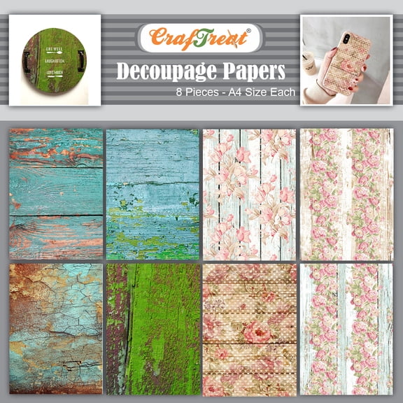 CrafTreat Floral Wooden Texture Decoupage Paper for Furniture- A4-8Pcs
