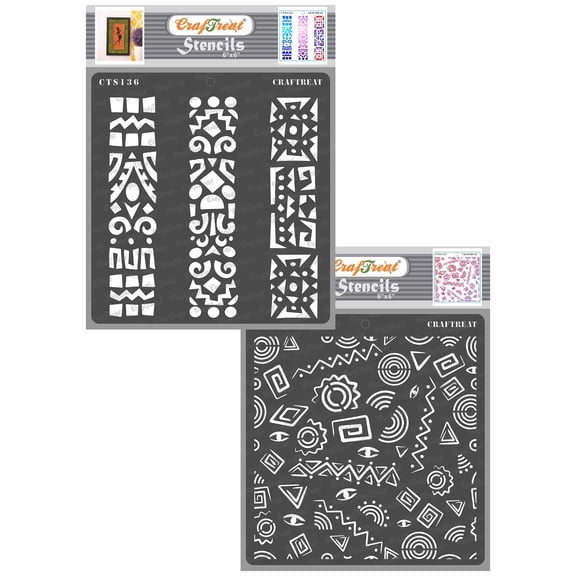 CrafTreat Folk Art Borders and Folk Art Background Stencil for Painting - 2 Pcs - 6"x6" each