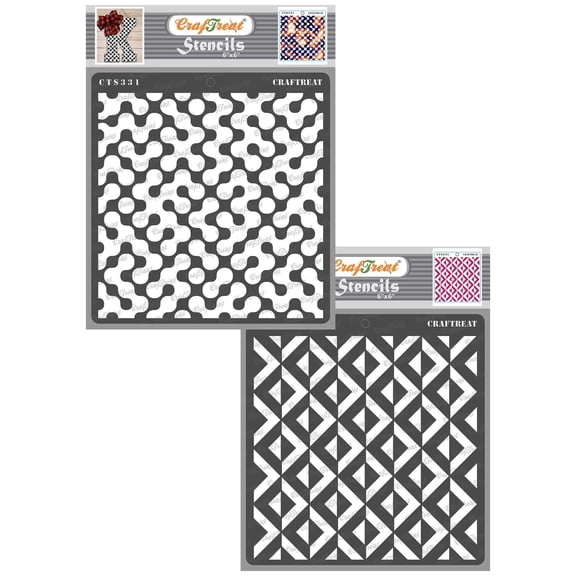 CrafTreat Geometric Stencils for Painting on Wood, Wall, Tile , Canvas and Floor - Abstract Connected Arcs and 3D Square Pattern - 2 Pcs - 6x6 Inches Each - Reusable DIY Art and Craft Sten
