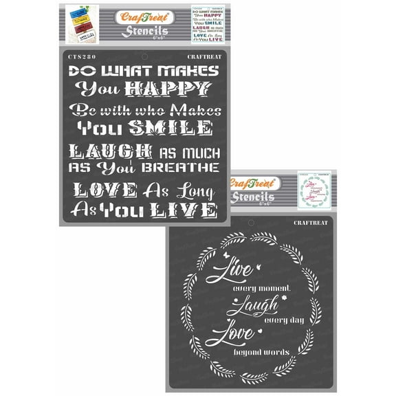 CrafTreat Happy Smile and Live Laugh Love Stencil for Painting and Crafting - 2 Pcs - 6"x6" each
