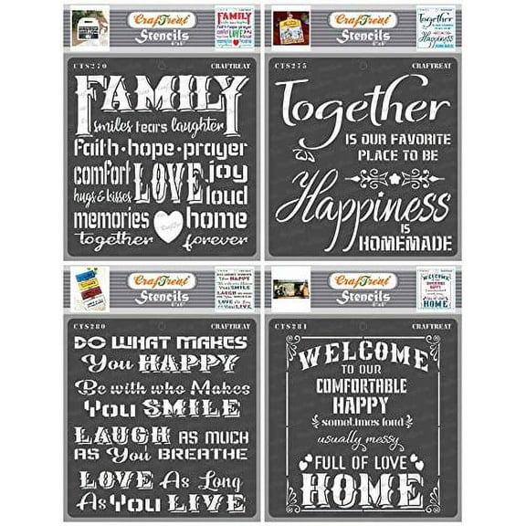 CrafTreat Home Decor Stencils for Painting on Wood, Canvas, Paper, Fabric, Wall and Tile - Family, Happy Together, Happy Smile and Welcome Home - 4 Pcs - 6x6 Inches Each - Reusable DIY Craft