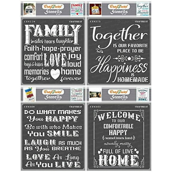 CrafTreat Home Decor Stencils for Painting on Wood, Canvas, Paper, Fabric, Wall and Tile - Family, Happy Together, Happy Smile and Welcome Home - 4 Pcs - 6x6 Inches Each - Reusable DIY Craft