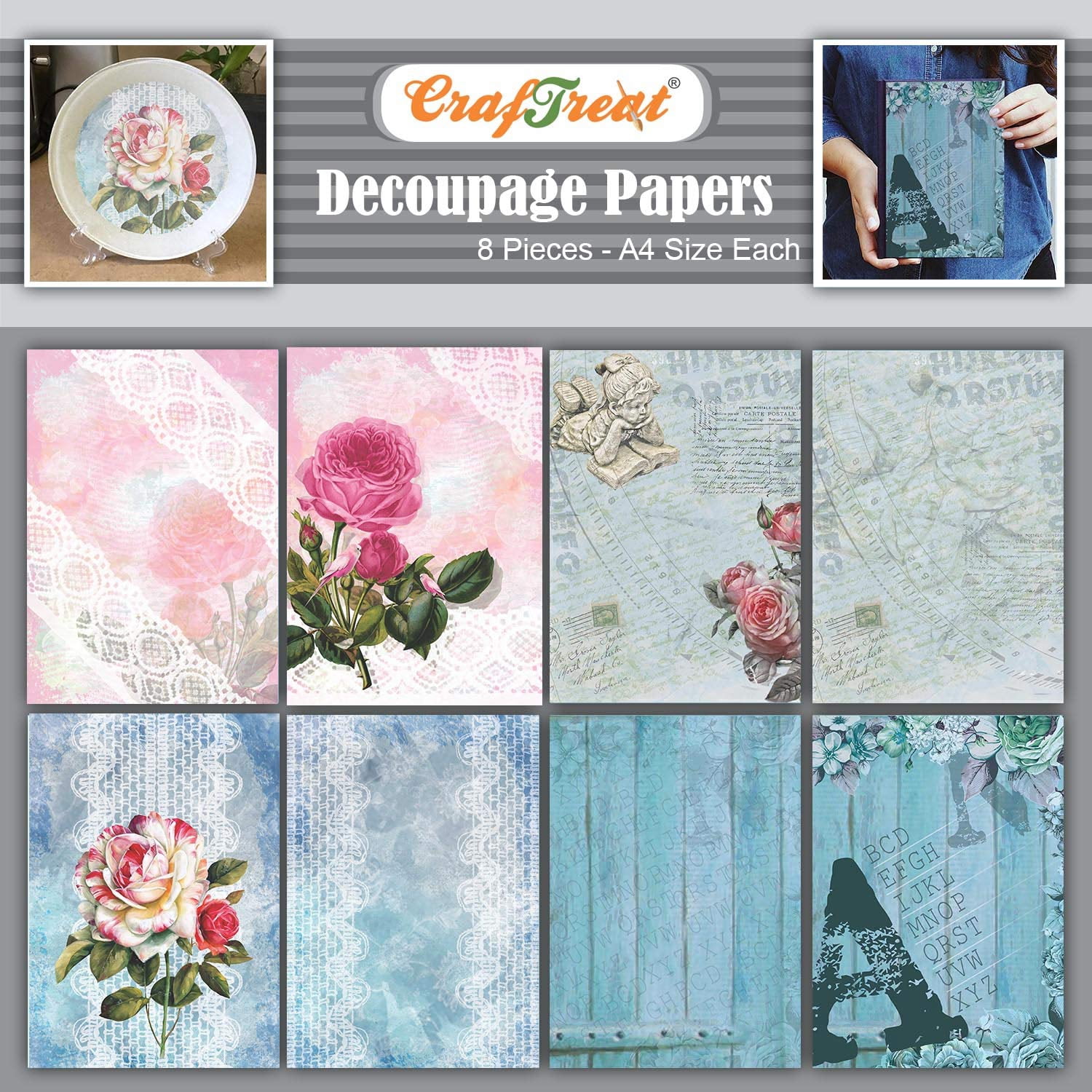 CrafTreat Lace Decoupage Paper MMF7 for Crafts - Rose Lace and Alphabet ...
