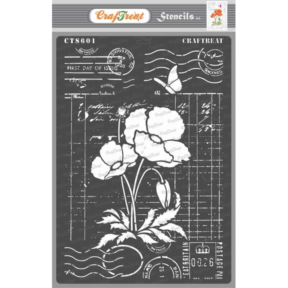 CrafTreat Ledger Poppy A4 Stencil for Painting and Crafting - 8.3"x11.7" (A4)