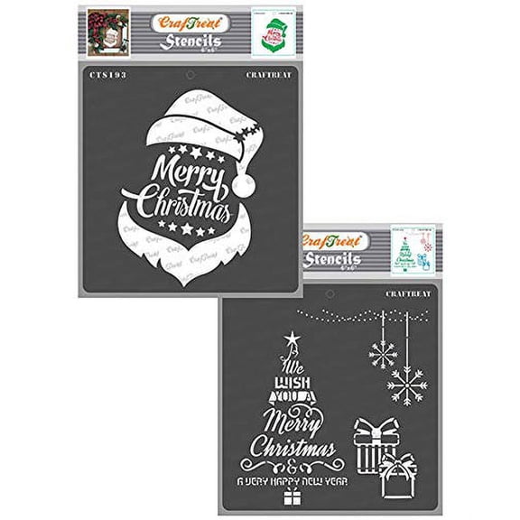 CrafTreat Merry Christmas Stencils for Painting on Wood, Canvas, Paper, Fabric and Tile - Santa Christmas and Christmas Tree Wish - 2 Pcs - 6x6 Inch Each - Reusable DIY Craft Stencils for Christmas