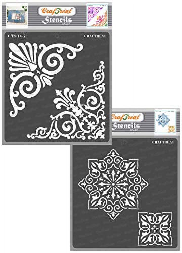 CrafTreat Ornate Corners and Rangoli Stencil for Painting - 2 Pcs - 6 inchx6 inch Each, Size: 2 Pcs - 6x6 Each, Clear