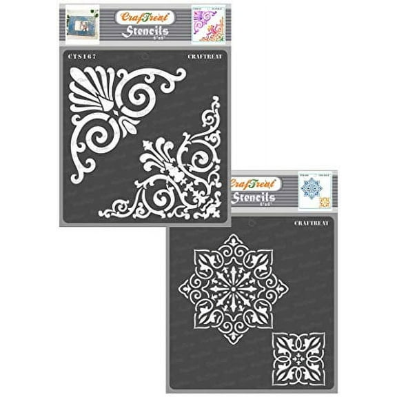 CrafTreat Ornate Corners and Rangoli Stencil for Painting - 2 Pcs - 6"x6" Each