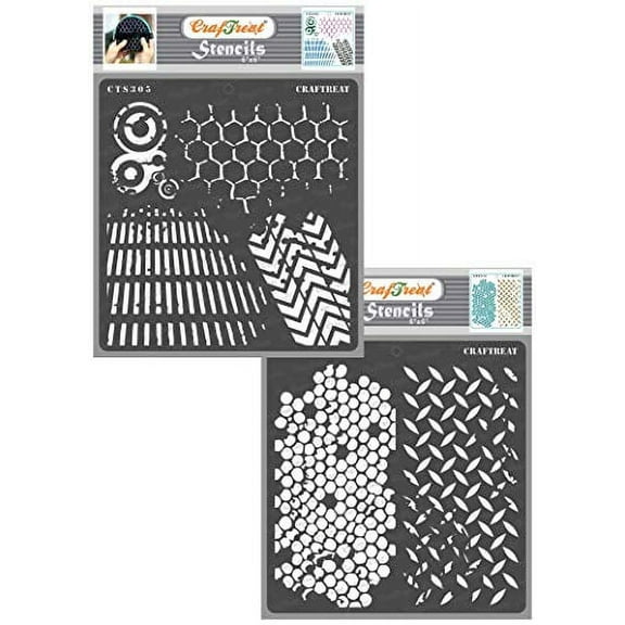 CrafTreat Pattern Stencils for Painting on Wood, Canvas, Paper, Fabric, Floor, Wall and Tile - Distressed Patterns 2 and Diamond Hive - 2 Pcs - 6x6 Inches Each - Reusable DIY Art and Craft Stencils