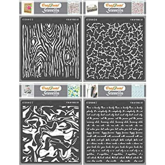 CrafTreat Pattern Stencils for Painting on Wood, Canvas, Paper, Fabric, Floor, Wall and Tile - Woodgrain, Crackle, Marble and Script - 4 Pcs - 6x6 Inches Each - Reusable DIY Art and Craft St