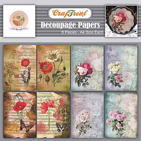 CrafTreat Rose Decoupage Paper for Furniture -Poppies And Roses- A4-8Pcs