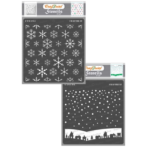 CrafTreat Snowflake Background and Winter Village Stencil for Painting and Crafting - 2 Pcs - 6"x6" each